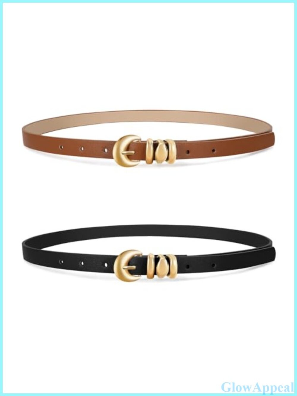 2 Pack Women's Skinny Faux Leather Belts Thin Waist Belt Gold Buckle